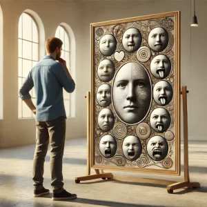 "Persona de pie en una habitación espaciosa, mirando pensativamente un espejo que refleja una variedad de expresiones emocionales, simbolizando la introspección y la complejidad emocional."